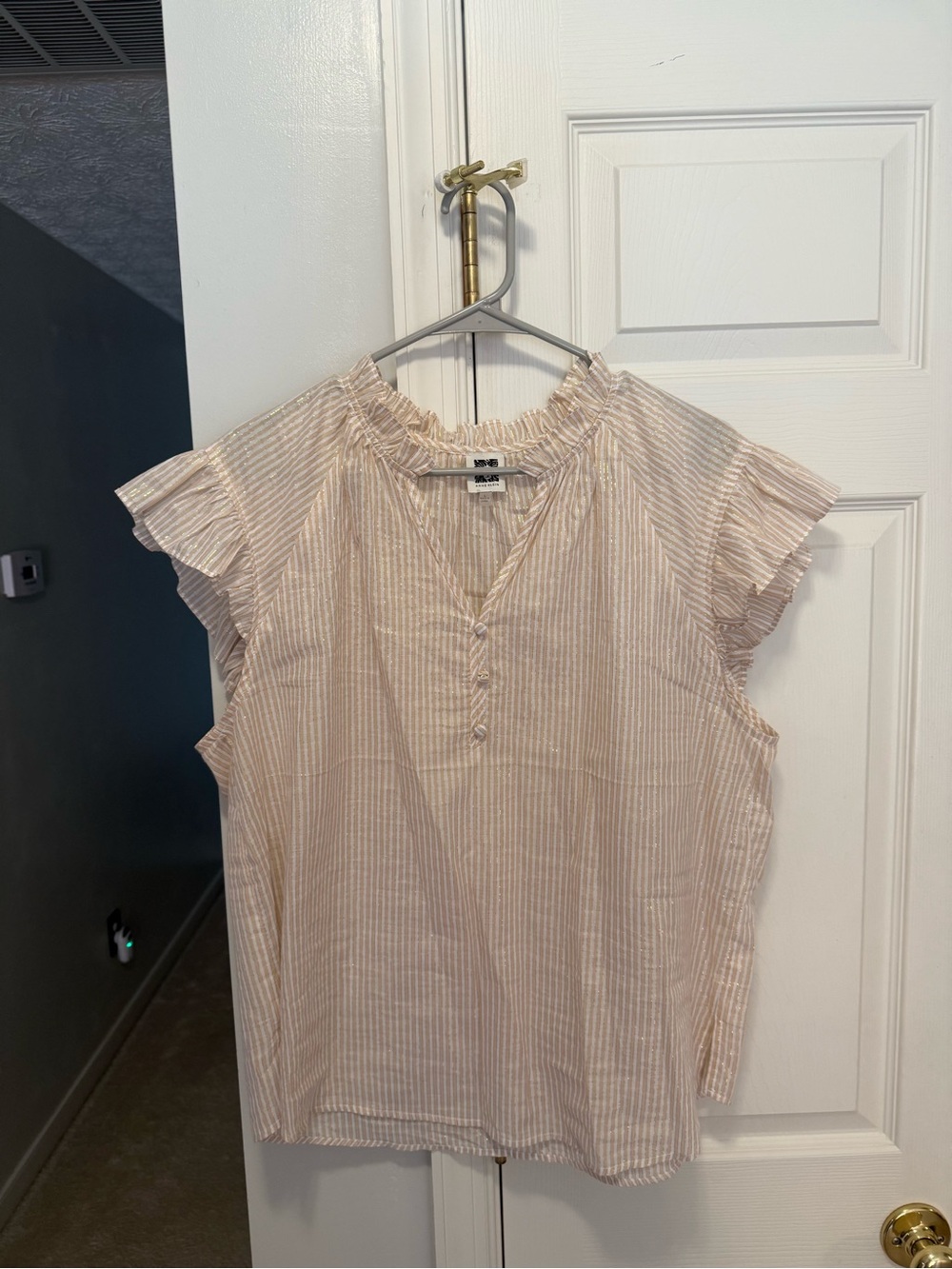 Anne Klein Blush Stripe Ruffle Sleeve Blouse large gold & white